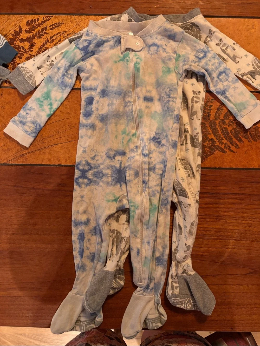 Baby Footed One-Piece Pajamas in Blue Tie-Dye and winter onesie bundle
